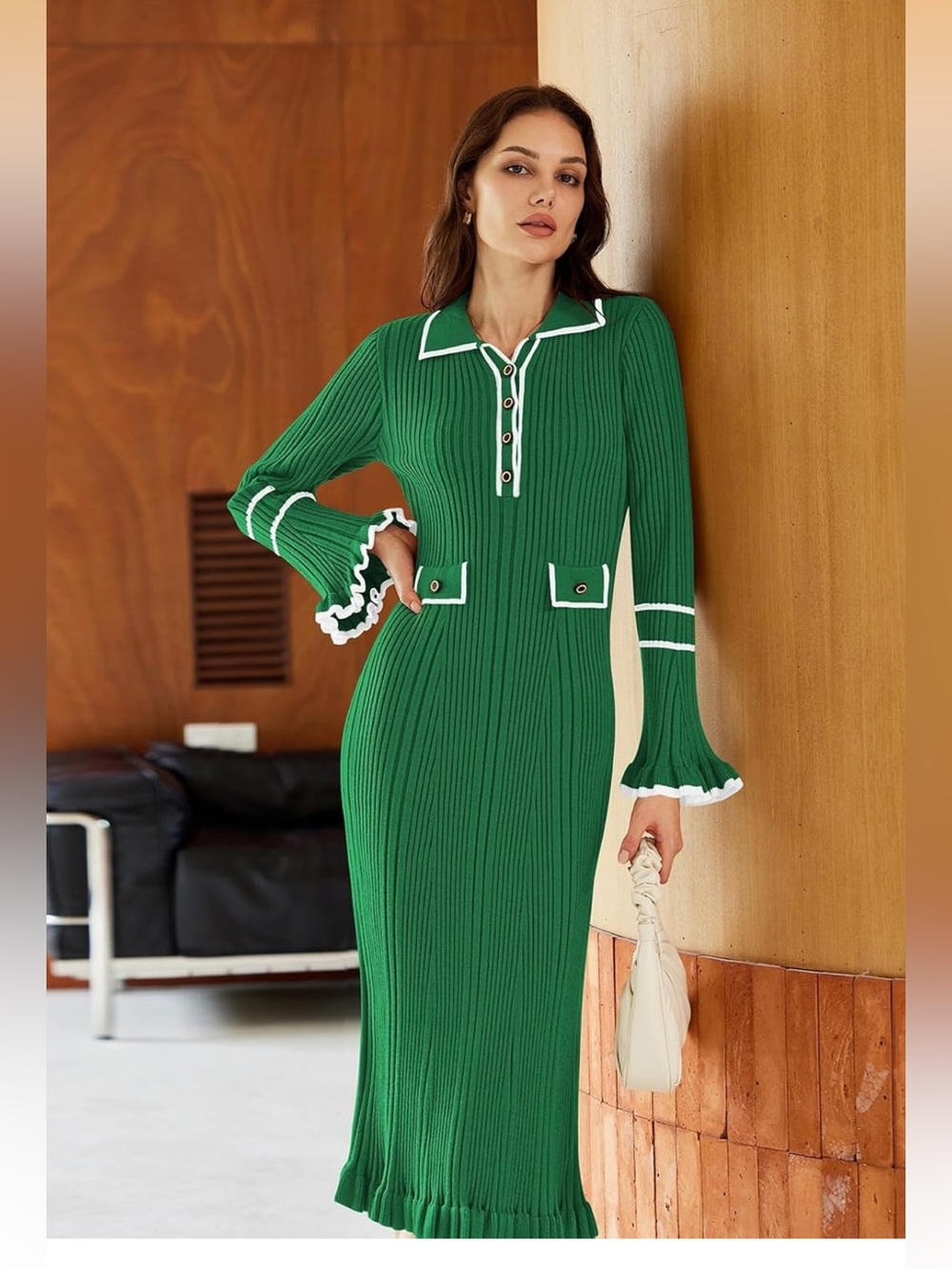 Green Ribbed Maxi Dress with White Trim and Polo Collar🐍